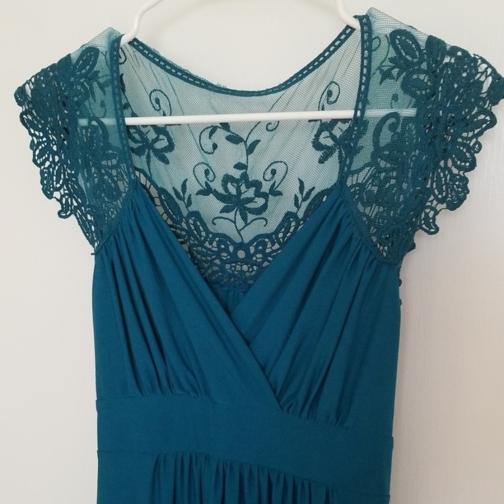 Long blue dress lace v neck